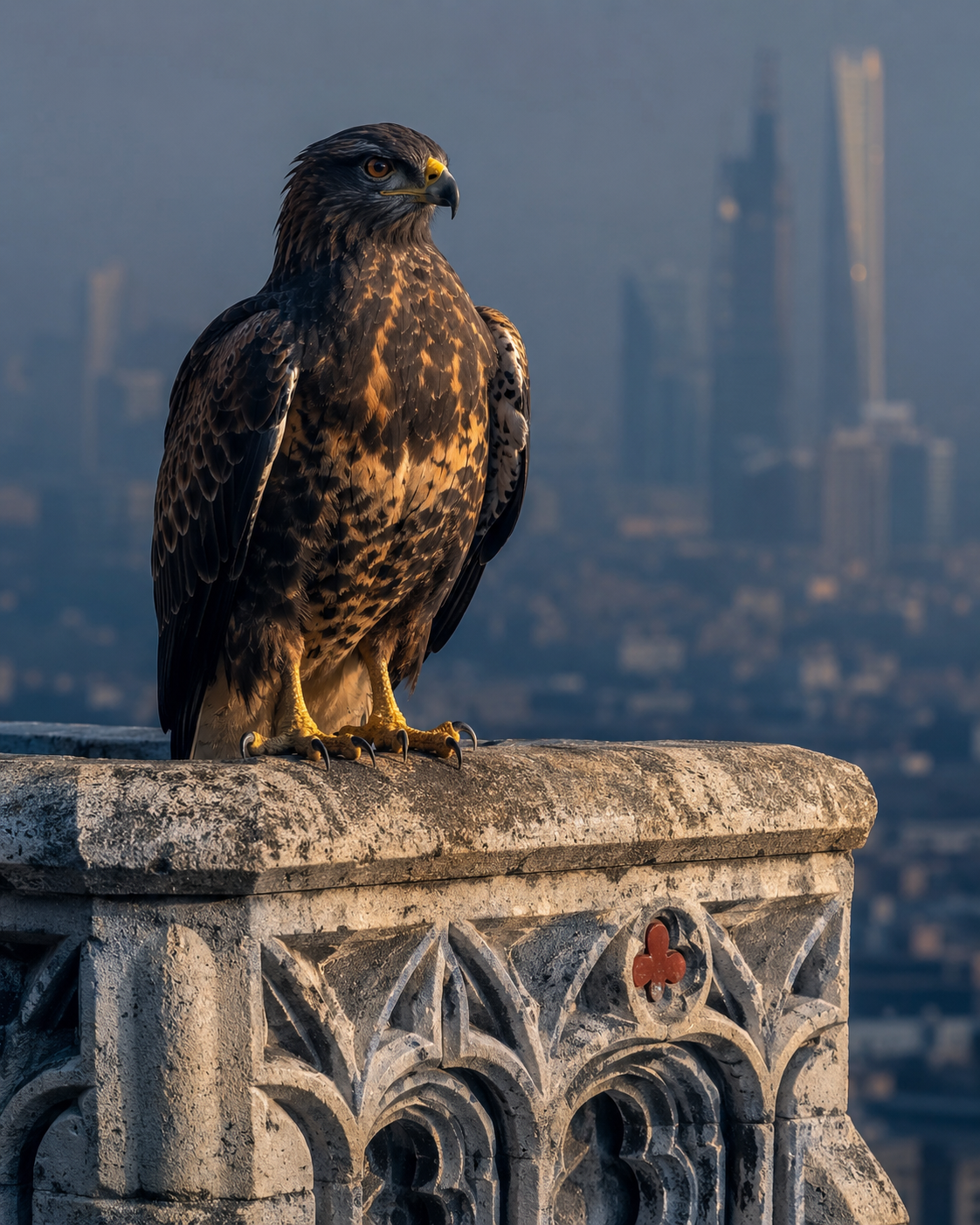 Hawk perched on Gothic stonework above the London skyline at dusk.