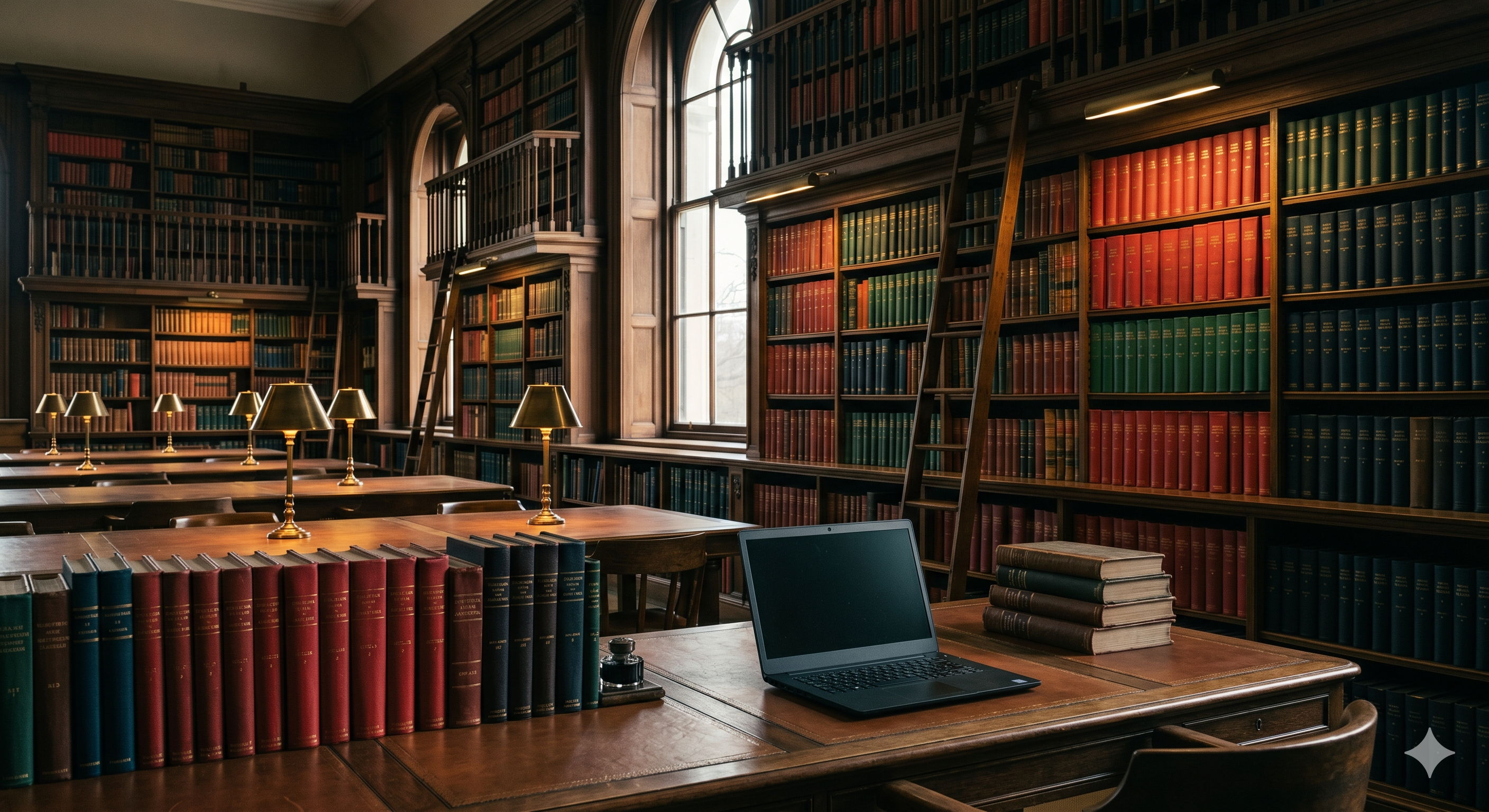 Reading room with leather-bound books and a single open laptop.