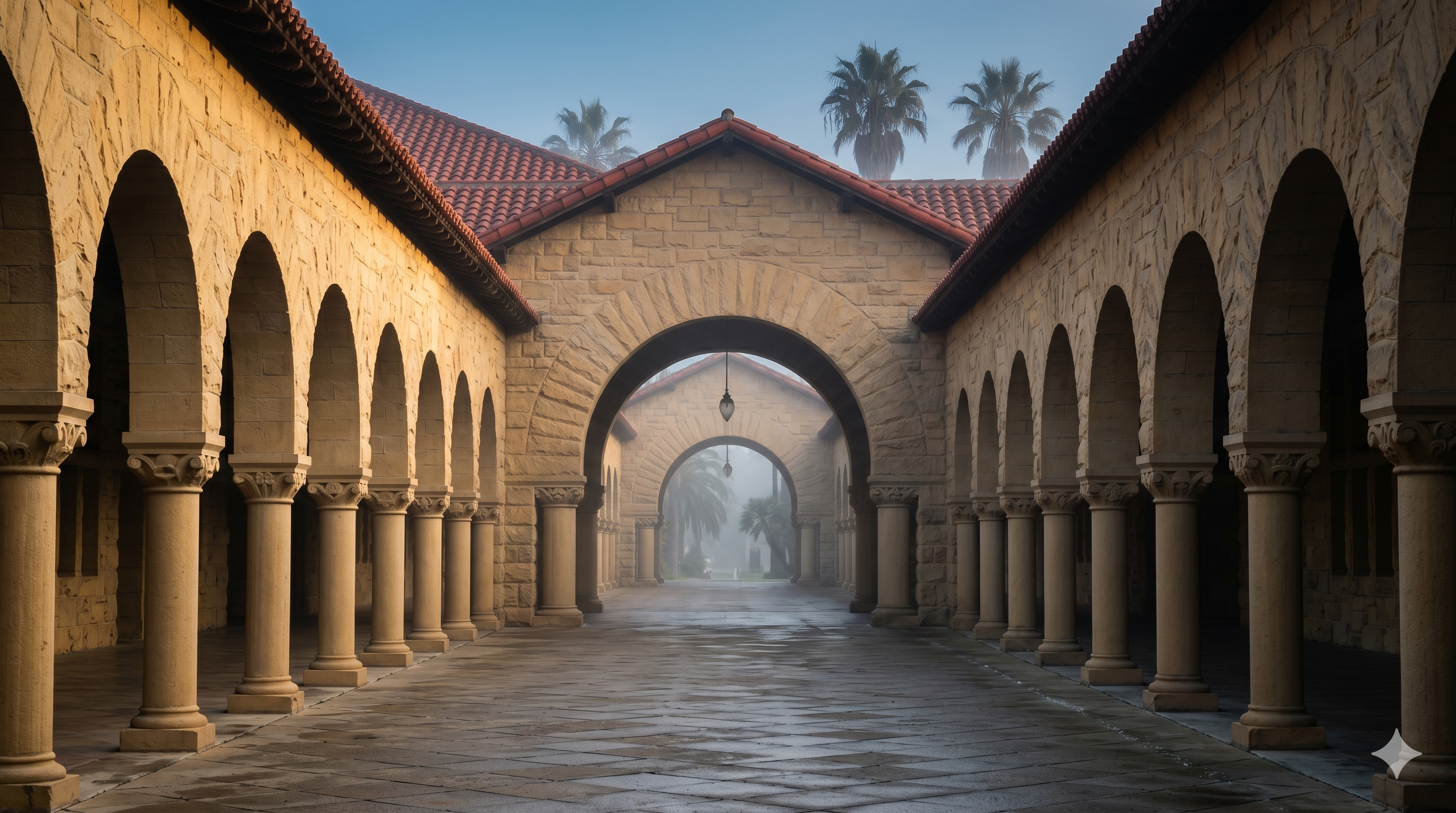 Stone colonnade with Romanesque arches receding into morning mist.