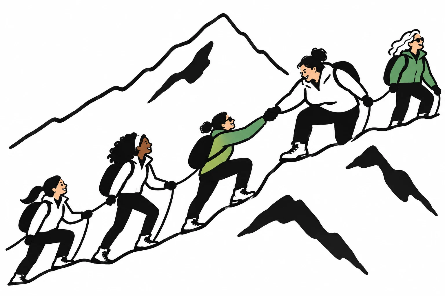 Women of different ages, skin tones, and body sizes help one another climb Everest, drawn in bold black marker with white and green fills.